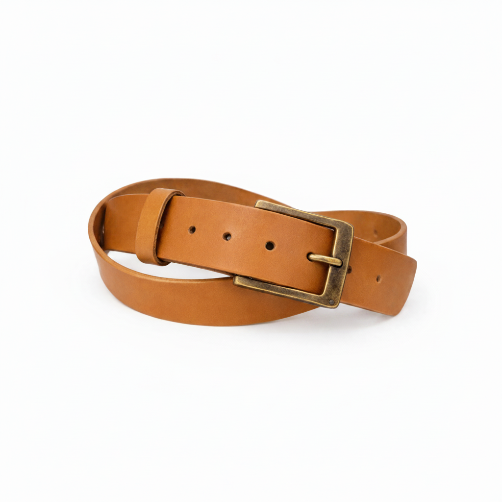 Brown leather belt with brass buckle on a white background